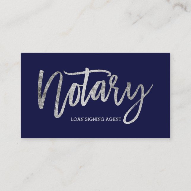 Notary elegant chic silver typography navy blue business card (Front)