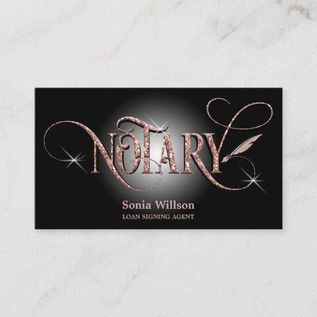 Notary elegant rose gold mortgage loan pen busines business card (Front)