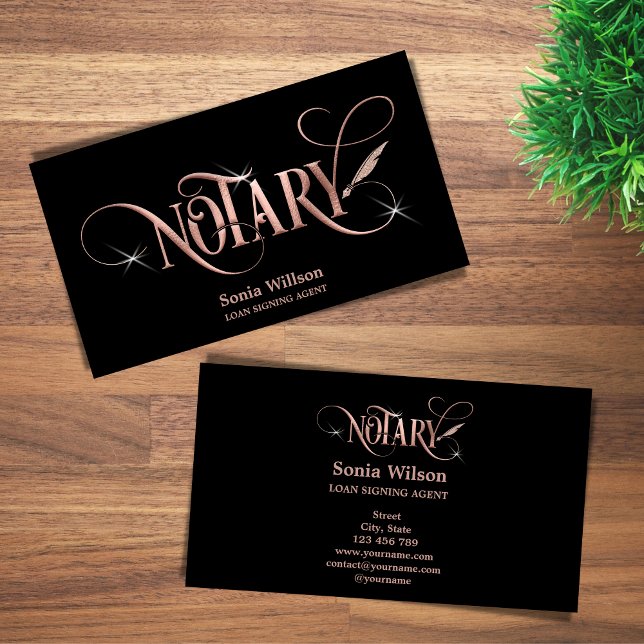 Notary elegant rose gold typography feather pen bu business card (Creator Uploaded)