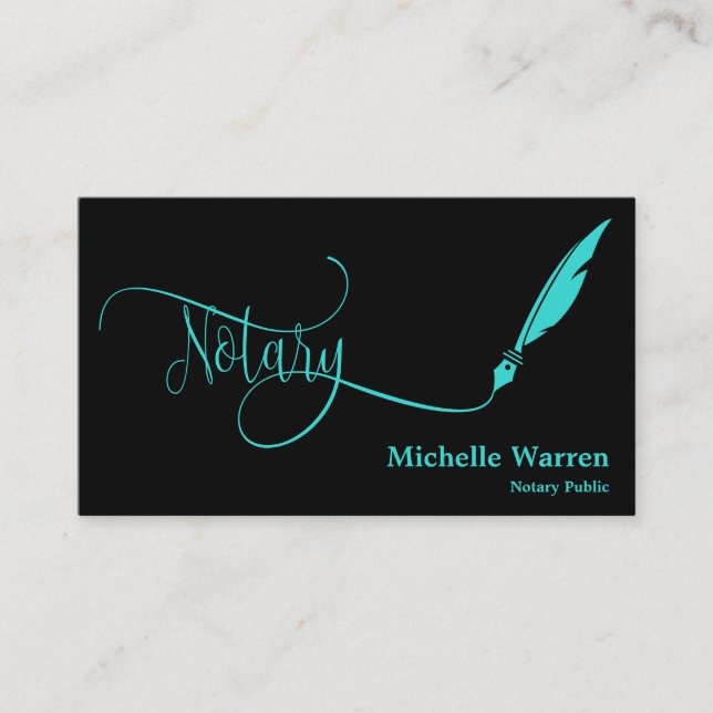 notary feather pen loan signing turquoise business card (Front)