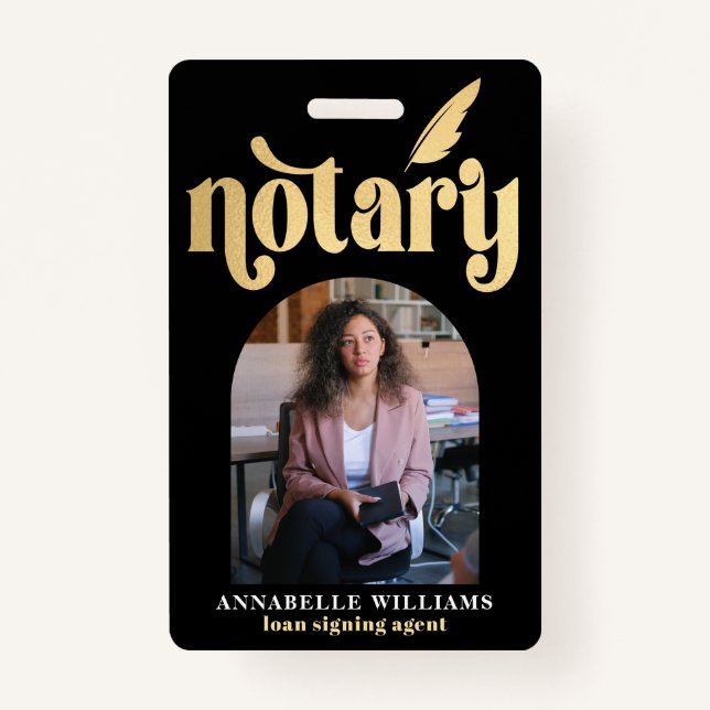 Notary Gold & Black Typography Photo Badge ID Badge (Front)