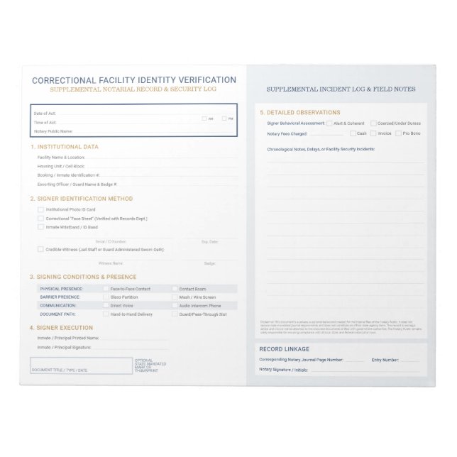 Notary Jail Correctional ID Verification Navy Gold Notepad (Front)