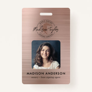 Notary Loan Agent Brushed Rose Gold Quill Photo ID Badge