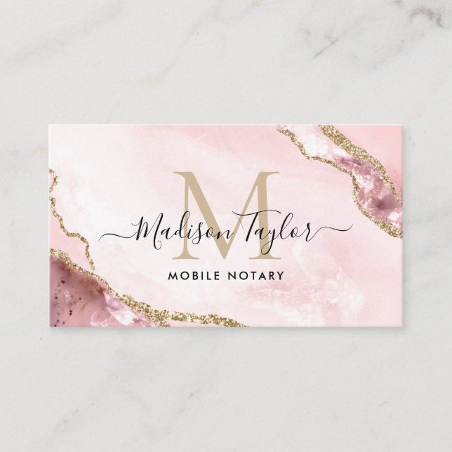 Notary Loan Agent Pink Gold Marble Agate Monogram Business Card (Front)