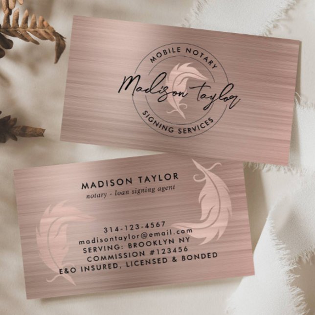 Notary Loan Agent Rose Gold Brushed Metal Quill Business Card (Creator Uploaded)
