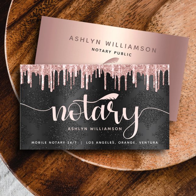 Notary Loan Agent Rose Gold Glitter Script Black Business Card (Creator Uploaded)
