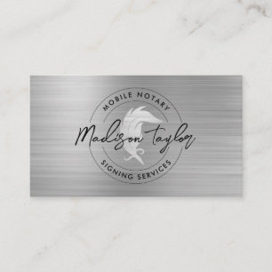 Notary Loan Agent Silver Gray Brushed Metal Quill Business Card