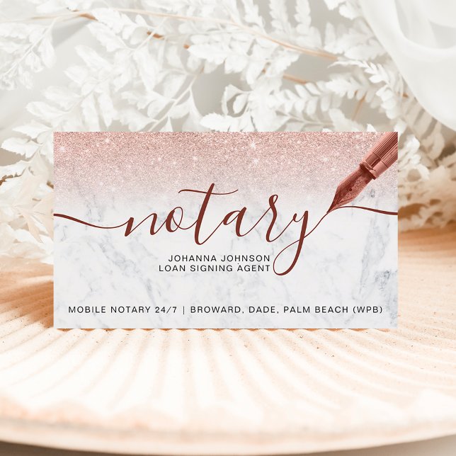 Notary loan rose gold glitter marble typography business card (Creator Uploaded)