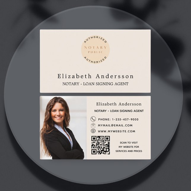 Notary loan signing agent beige photo QR logo Business Card (Creator Uploaded)