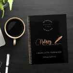 Notary loan signing agent black gold 2024 planner<br><div class="desc">A chic black background,  decorated with a feather pen.  Personalise and add your logo,  a name and year(s).  Golden text: Notary
Back: your logo,  and a QR-code to your website.  Delete if not wanted.</div>