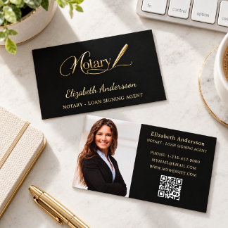 Notary loan signing agent black gold photo QR logo Business Card