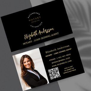 Notary loan signing agent black gold photo QR logo Business Card