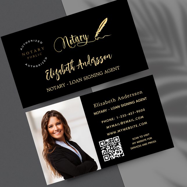 Notary loan signing agent black gold photo QR logo Business Card (Creator Uploaded)