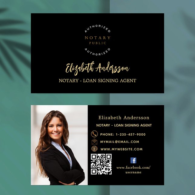 Notary loan signing agent black gold photo QR logo Business Card (Creator Uploaded)