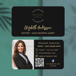 Notary loan signing agent black gold photo QR logo Business Card