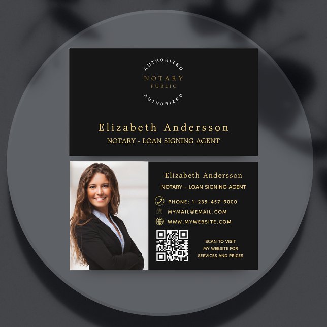 Notary loan signing agent black gold photo QR logo Business Card (Creator Uploaded)
