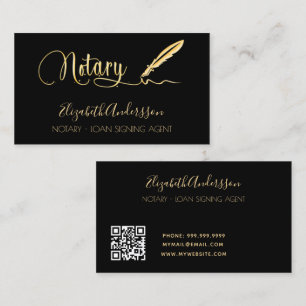 Notary loan signing agent black gold QR code Business Card