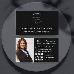 Notary loan signing agent black photo QR logo Business Card