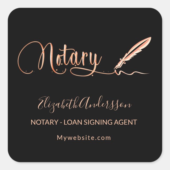 Notary loan signing agent black rose gold square sticker (Front)