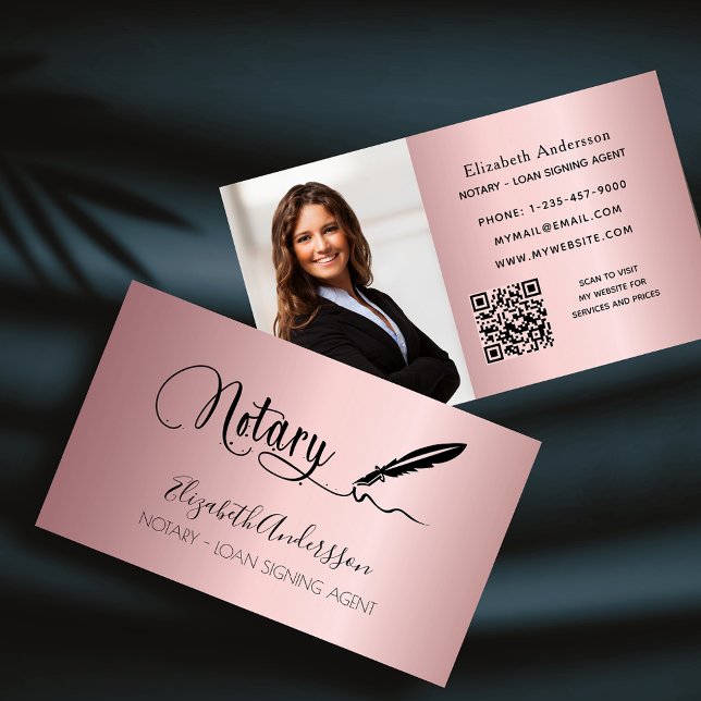 Notary loan signing agent blush pink photo QR code Business Card (Creator Uploaded)