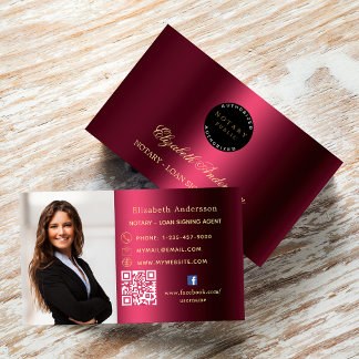 Notary loan signing agent burgundy photo QR logo Business Card