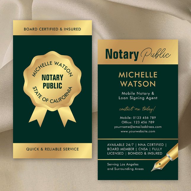 Notary Loan Signing Agent Elegant Green & Gold Business Card (Professional notary loan signing agent photo business cards in emerald green and gold)