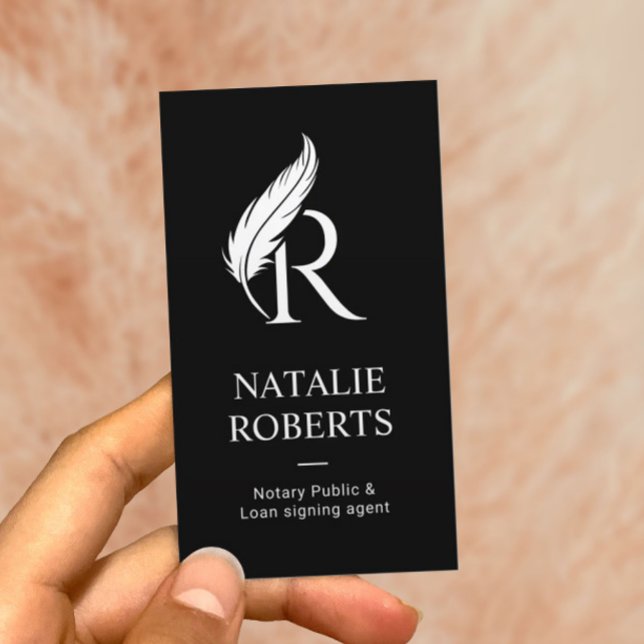 Notary Loan Signing Agent Feather Logo Black Business Card (Creator Uploaded)