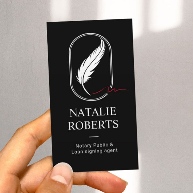 Notary Loan Signing Agent Feather Quill Logo Black Business Card (Creator Uploaded)