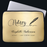Notary loan signing agent gold black laptop sleeve<br><div class="desc">A faux gold background and a black signature signing pen.  Elegant hand lettered style script.  Personalise and add Your name,  title.</div>