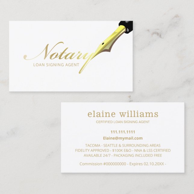 Notary Loan Signing Agent Gold Black Pen  Business Card (Front/Back)