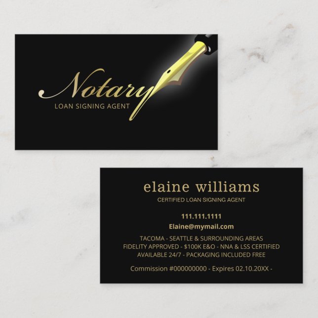 Notary Loan Signing Agent Gold Black Pen Business Card (Front/Back)