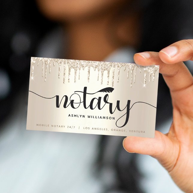Notary Loan Signing Agent Gold Glitter Drip Script Business Card (Creator Uploaded)
