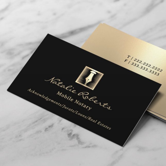 Notary Loan Signing Agent Gold Pen Nib Logo Black Business Card (Creator Uploaded)