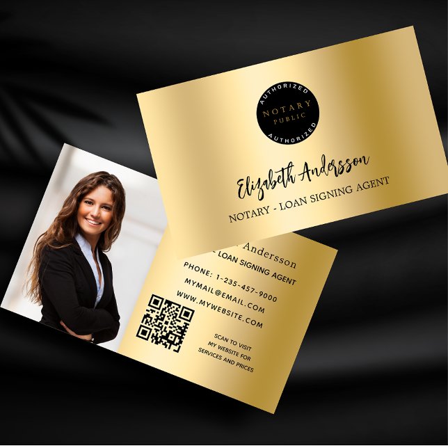 Notary loan signing agent gold photo QR logo Business Card (Creator Uploaded)
