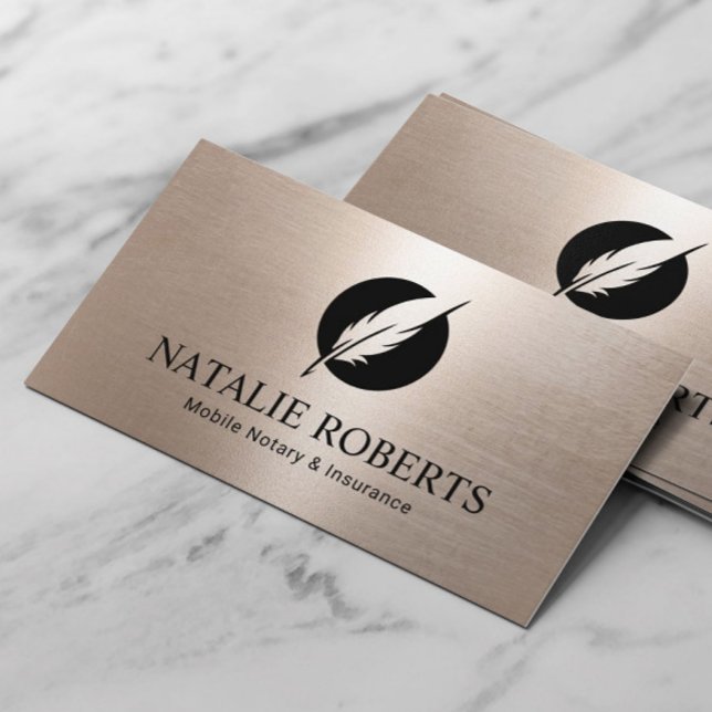 Notary Loan Signing Agent Modern Gold Quill Logo Business Card (Creator Uploaded)