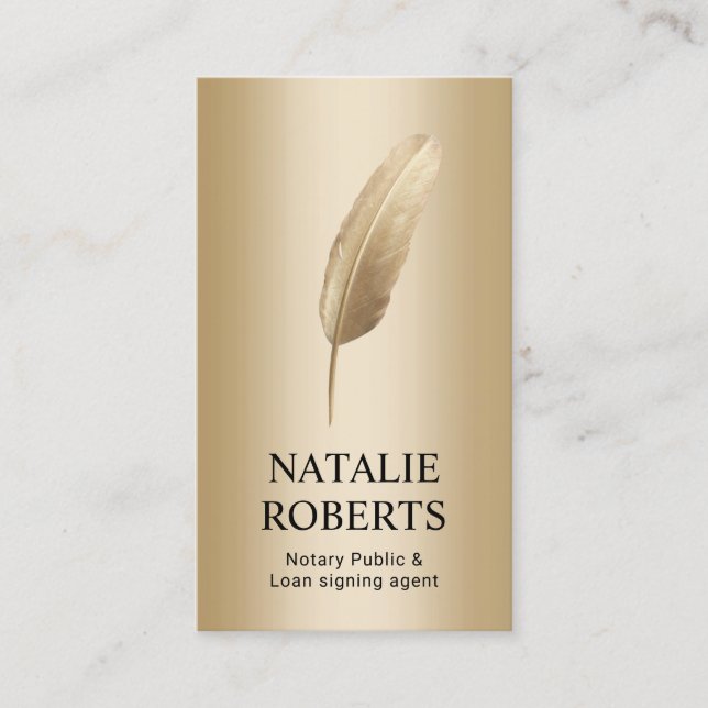 Notary Loan Signing Agent Modern Gold Quill Pen Business Card (Front)