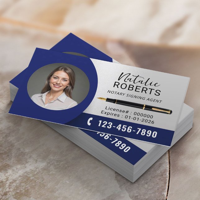 Notary & Loan Signing Agent Modern Navy Blue Photo Business Card (Creator Uploaded)