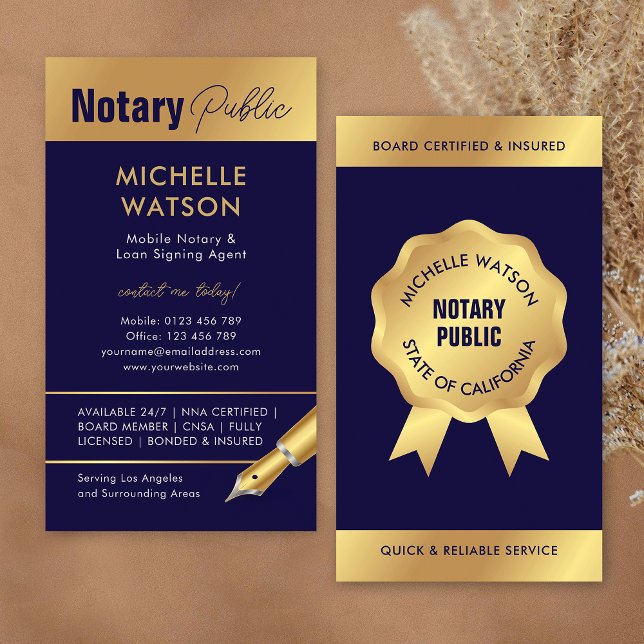 Notary Loan Signing Agent Modern Navy & Gold Business Card (Modern notary loan signing agent business cards in navy blue and gold)