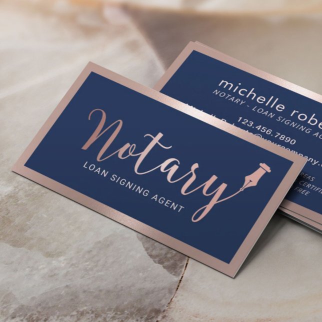 Notary Loan Signing Agent Modern Navy & Rose Gold Business Card (Creator Uploaded)