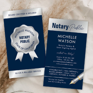 Notary Loan Signing Agent Modern Navy & Silver Business Card