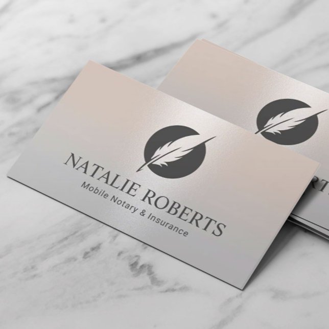 Notary Loan Signing Agent Modern Quill Logo Silver Business Card (Creator Uploaded)