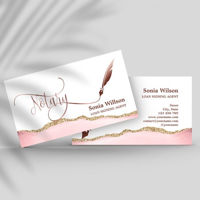 Notary Loan Signing Agent Modern Rose Gold Agate Business Card (Creator Uploaded)