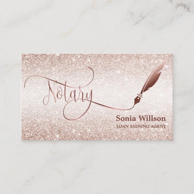 Notary Loan Signing Agent Modern Rose Gold Glitter Business Card (Front)