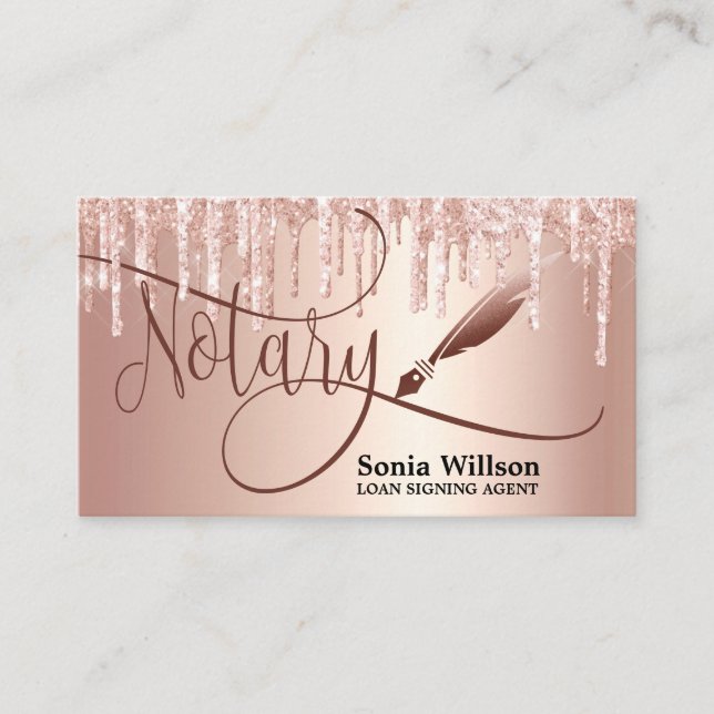 Notary Loan Signing Agent Modern Rose Gold Glitter Business Card (Front)