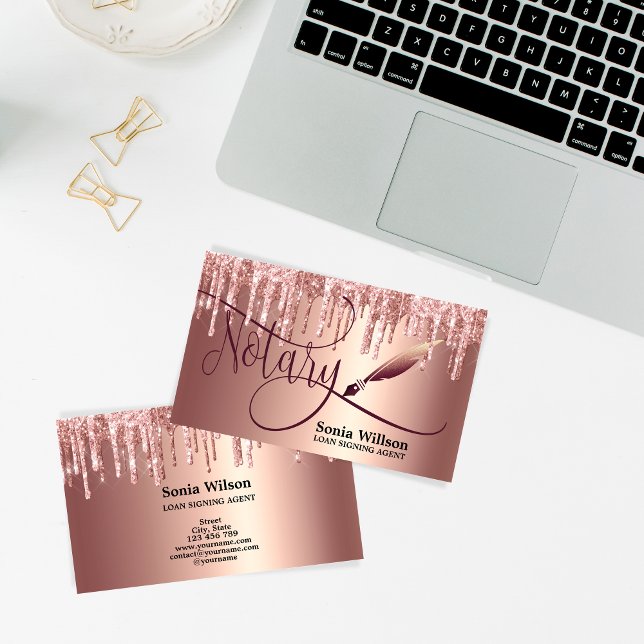 Notary Loan Signing Agent Modern Rose Gold Glitter Business Card (Creator Uploaded)