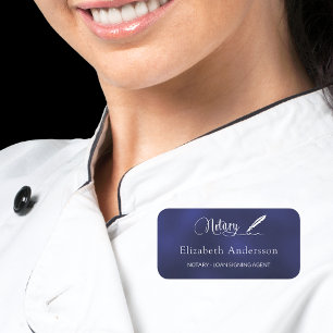 Notary loan signing agent navy blue white script name tag