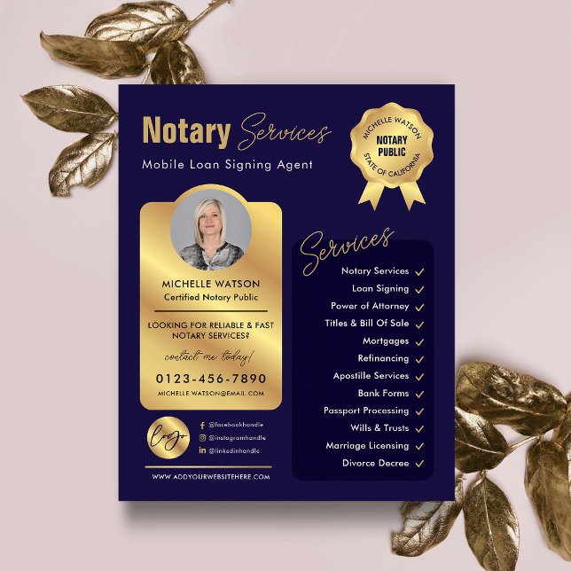 Notary Loan Signing Agent Navy & Gold Logo Photo Flyer (Modern navy blue and gold notary public marketing flyer with your custom photo and logo)