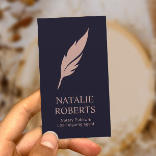 Notary Loan Signing Agent Navy & Pink Quill Logo Business Card