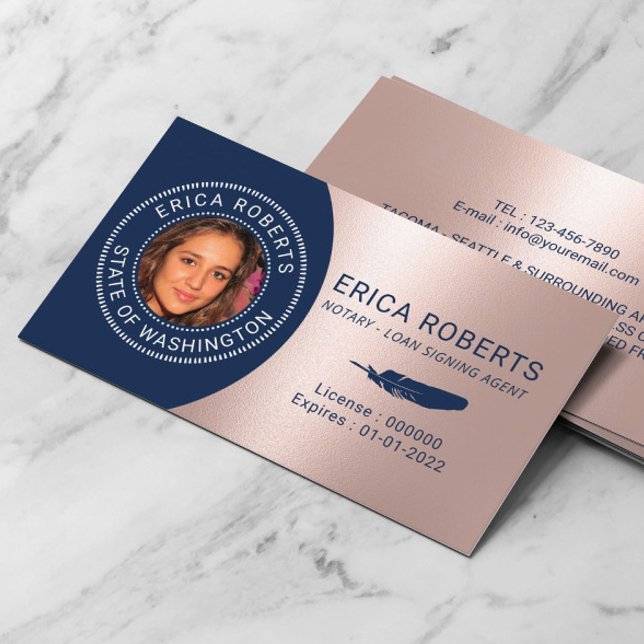 Notary Loan Signing Agent Navy Rose Gold Photo Business Card (Creator Uploaded)