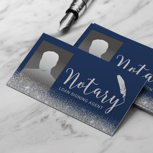 Notary Loan Signing Agent Navy & Silver Photo  Business Card (Creator Uploaded)